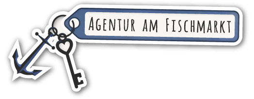 Logo of "Agentur am Fischmarkt - Holiday Flats in Hamburg": A key with an anchor as a key-holder and an address-holder, on which "Agentur am Fischmarkt" is written.